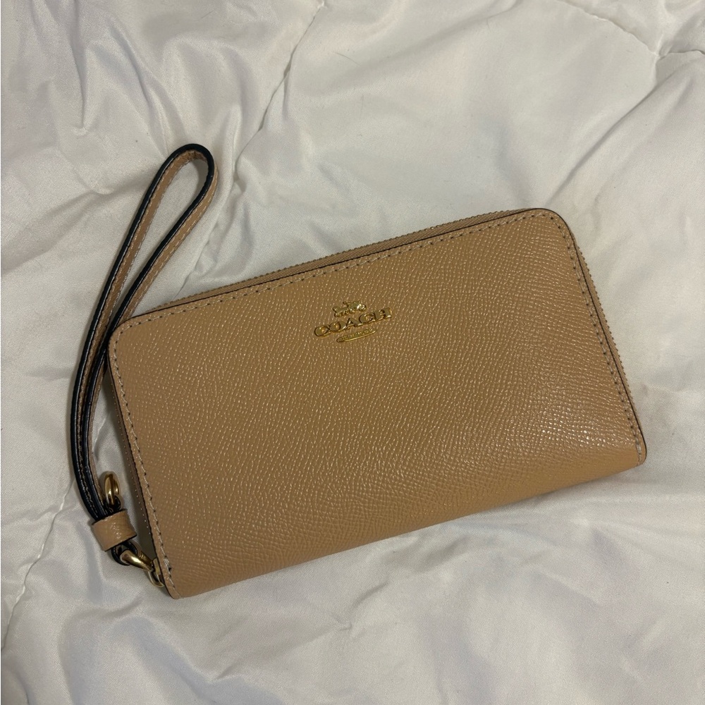 Coach Beige Leather Wristlet with Gold Accents